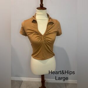 Heart Hips Rust-Tan Ruched Polo Crop Top